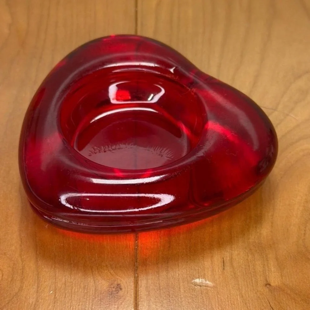 Red Art Glass Heart Votive Candle Holder Embossed 42 Ruby Red Valentines Decor